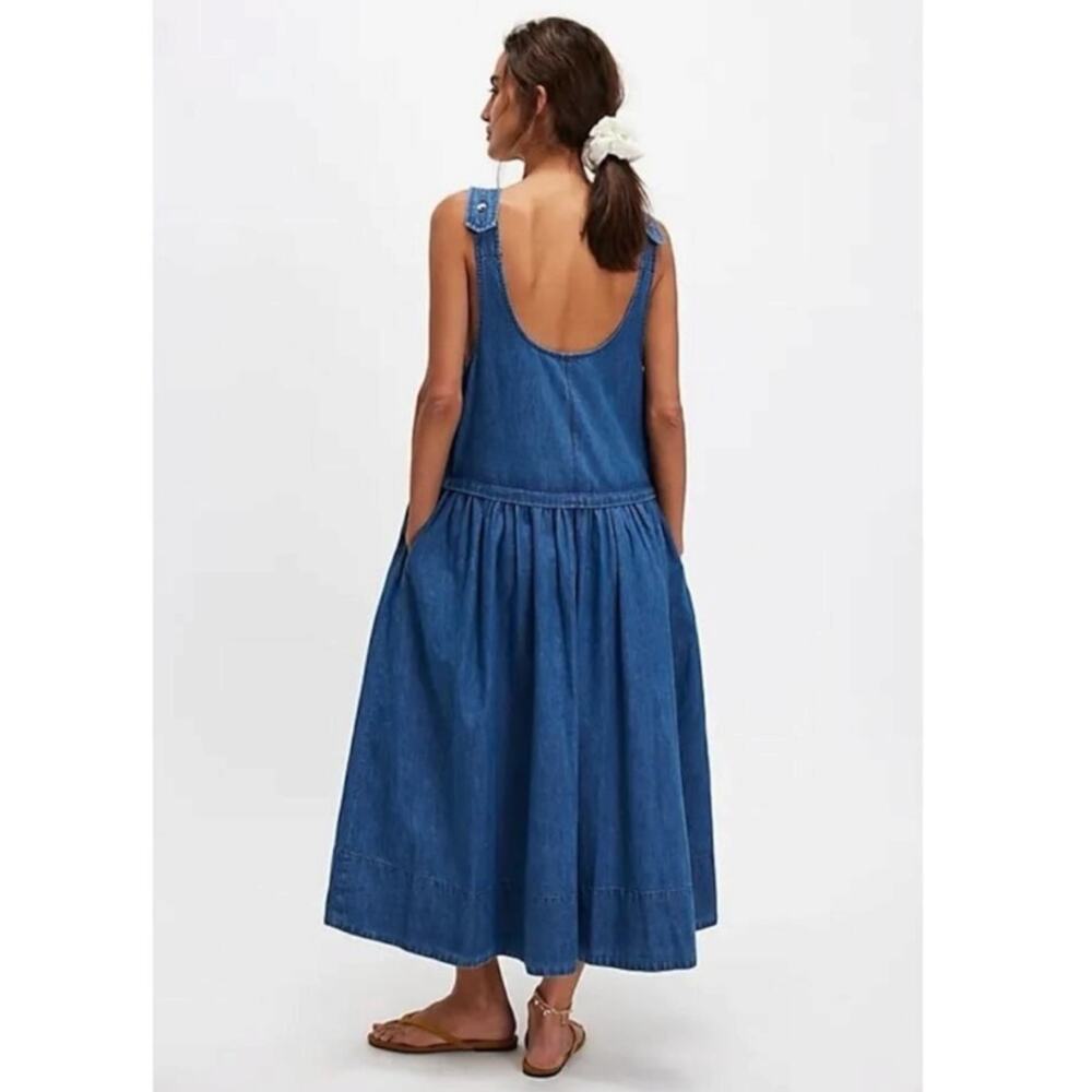 Free People Retro 90s Soraya Light Denim Sky Drop Waist Midi Jumper Dress Large - Picture 5 of 11